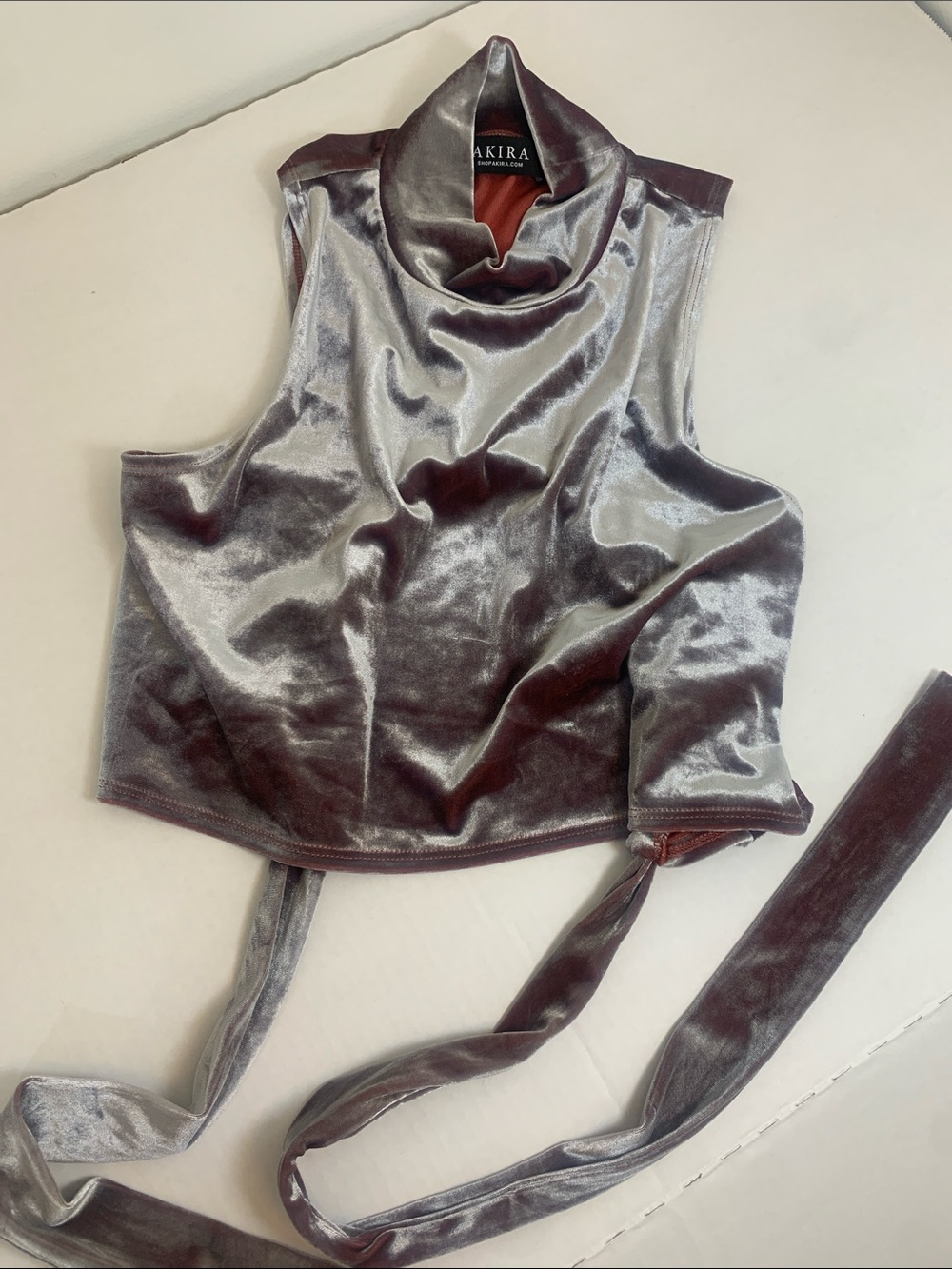 AKIRA Silver Shiny Velvet Sleeveless Crop Top with Long Ties